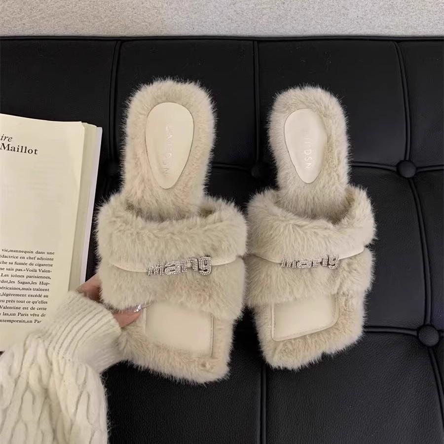 Thick heel fluffy slippers women's outer wear 2025 new spring and autumn high-end temperament gentle fairy style high heels cotton drag