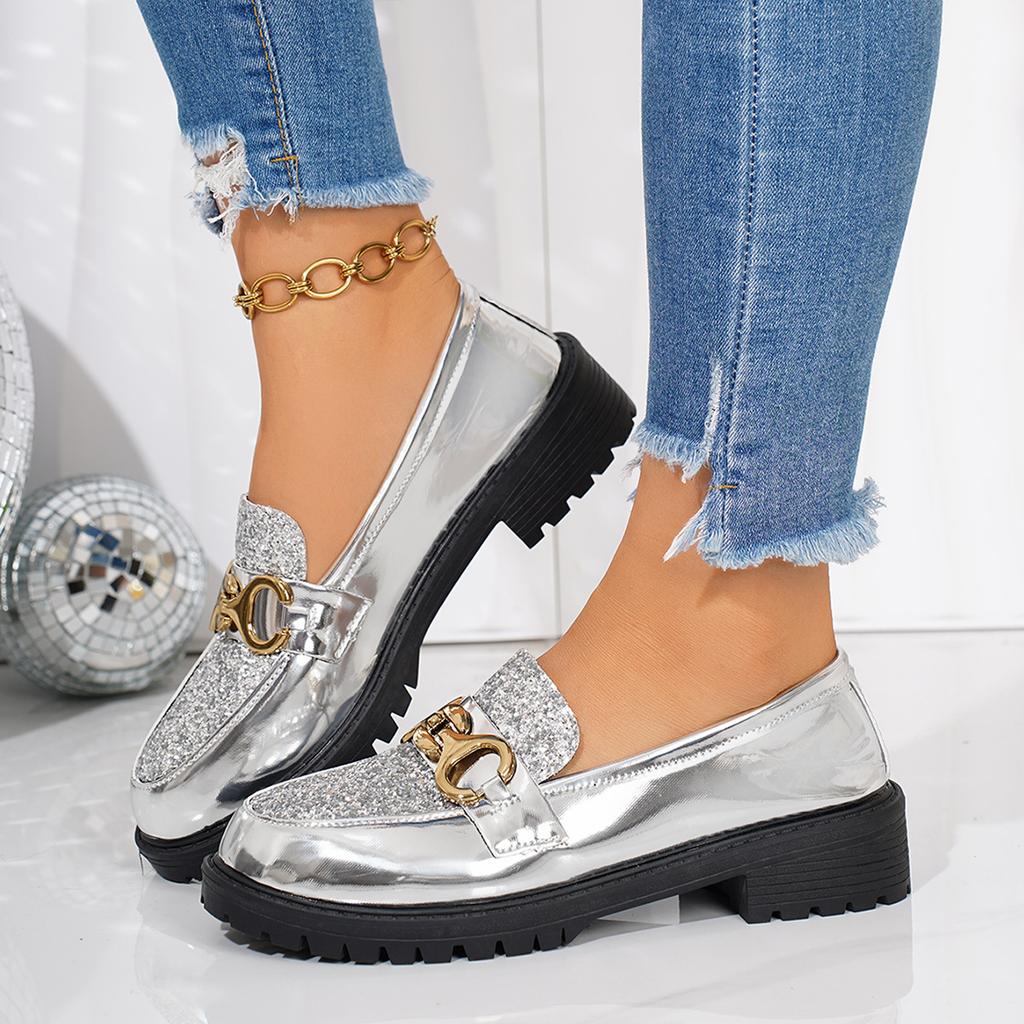 2025 autumn bright leather one-pedal loafers foreign trade round head i thick heel metal buckle foot casual shoes