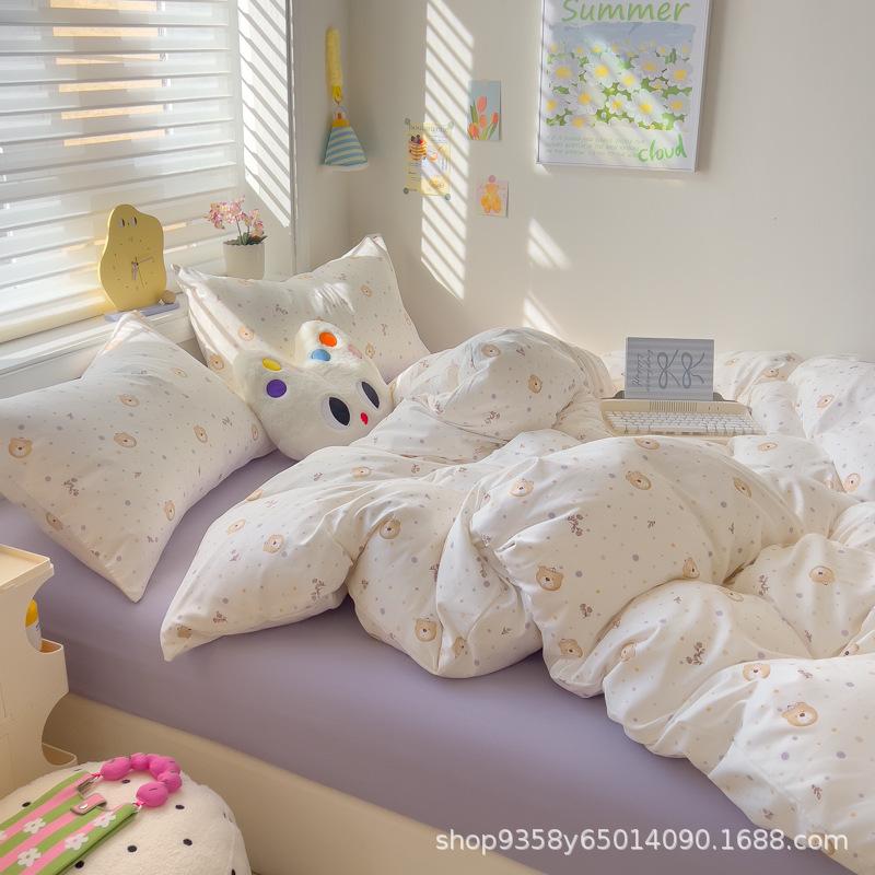 Class A Maternal and Infant Grade Knitted Cotton Double-layer Yarn 4pcs Set, Super Soft Washed Cotton Quilt Cover, Student Dormitory 3pcs Set