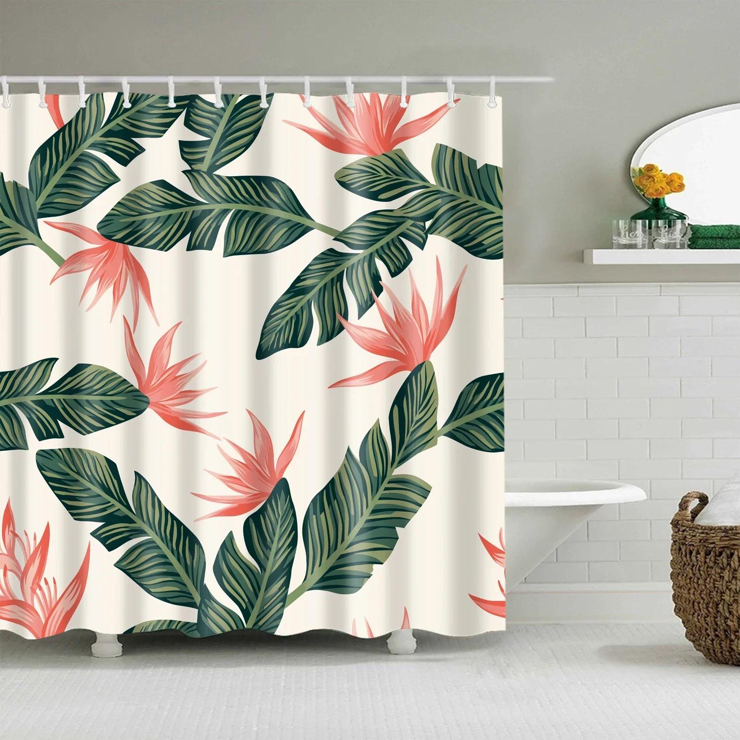

Tropical Green Plant Palm Leaf Cactus Sunflower Seaside Sea Scenic Bathroom Shower Curtain Bath Curtain Frabic with Hooks 90x180cm