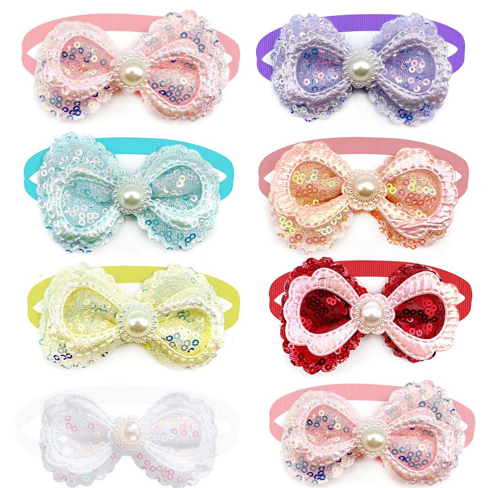 50pcs Small Dog Bows Sequin Style Double Bows Dog Bow Tie Bowknot Pet Dog Cat Bowties Neckties Pet Supplies Pet Accessories