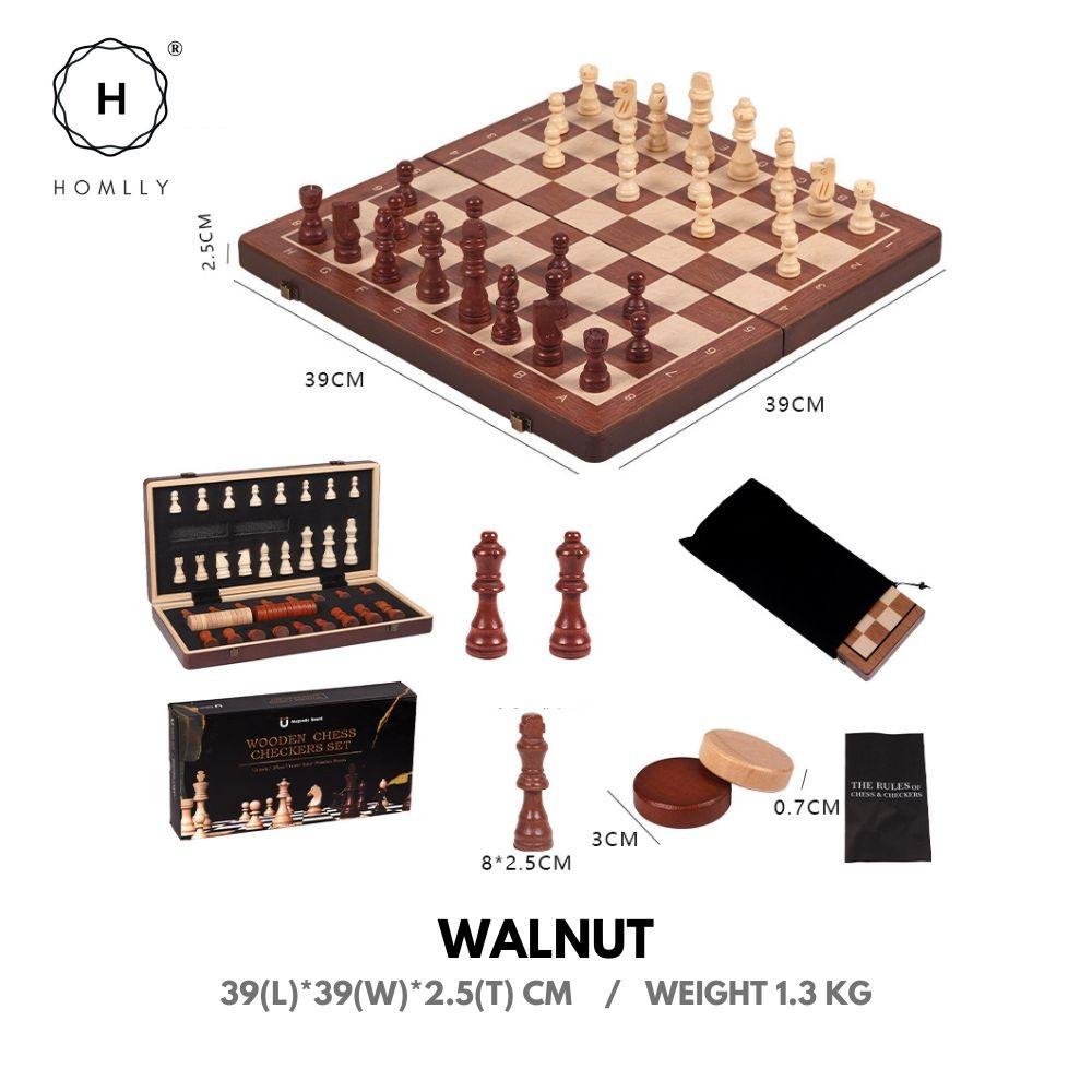 Homlly 2 in 1 Magnetic Wooden Chess & Checkers Board Game Tournament Chessboard Walnut
