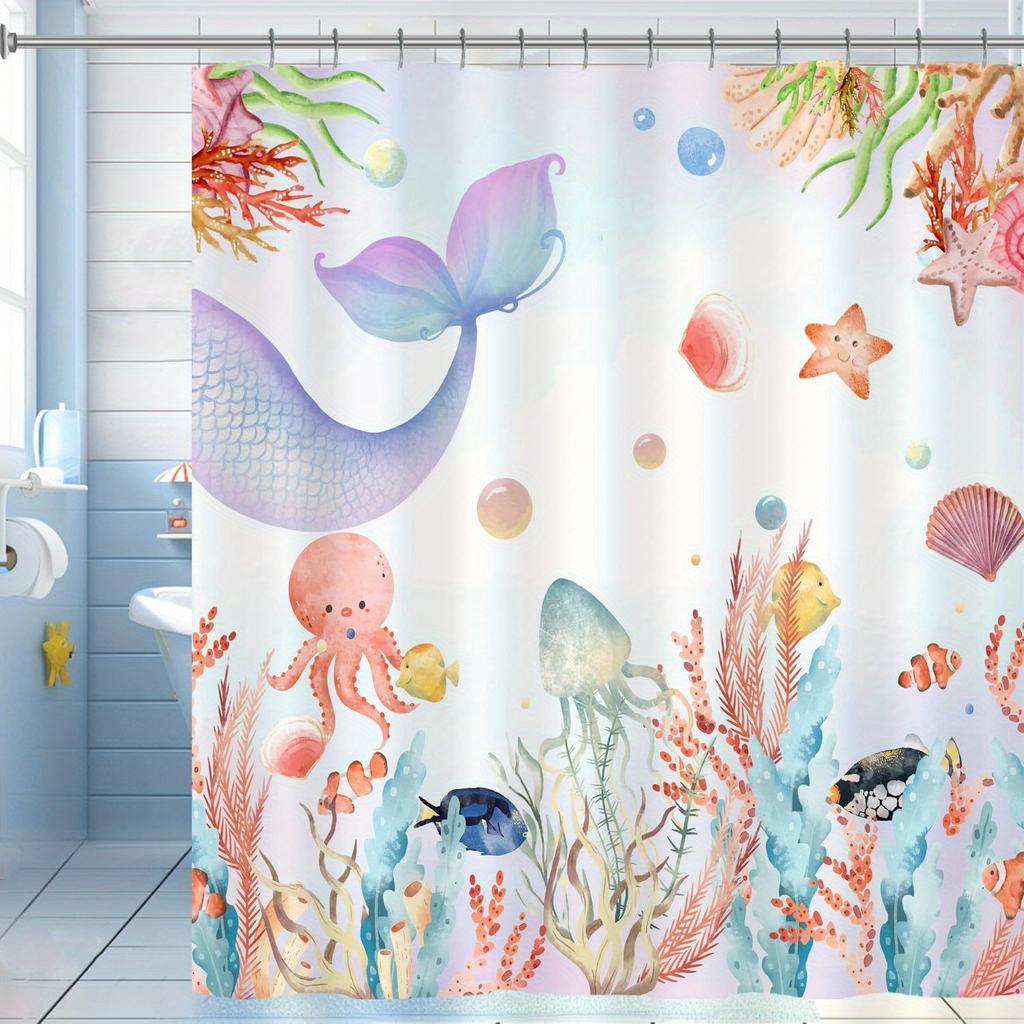 Cute Ocean Mermaid Shower Curtain - Vibrant Underwater Scene with Octopus, Jellyfish, Seahorses & Coral, Machine Washable