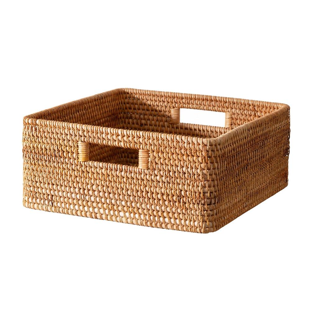 Rectangular Rattan Storage Basket with Handles Sturdy Handwoven