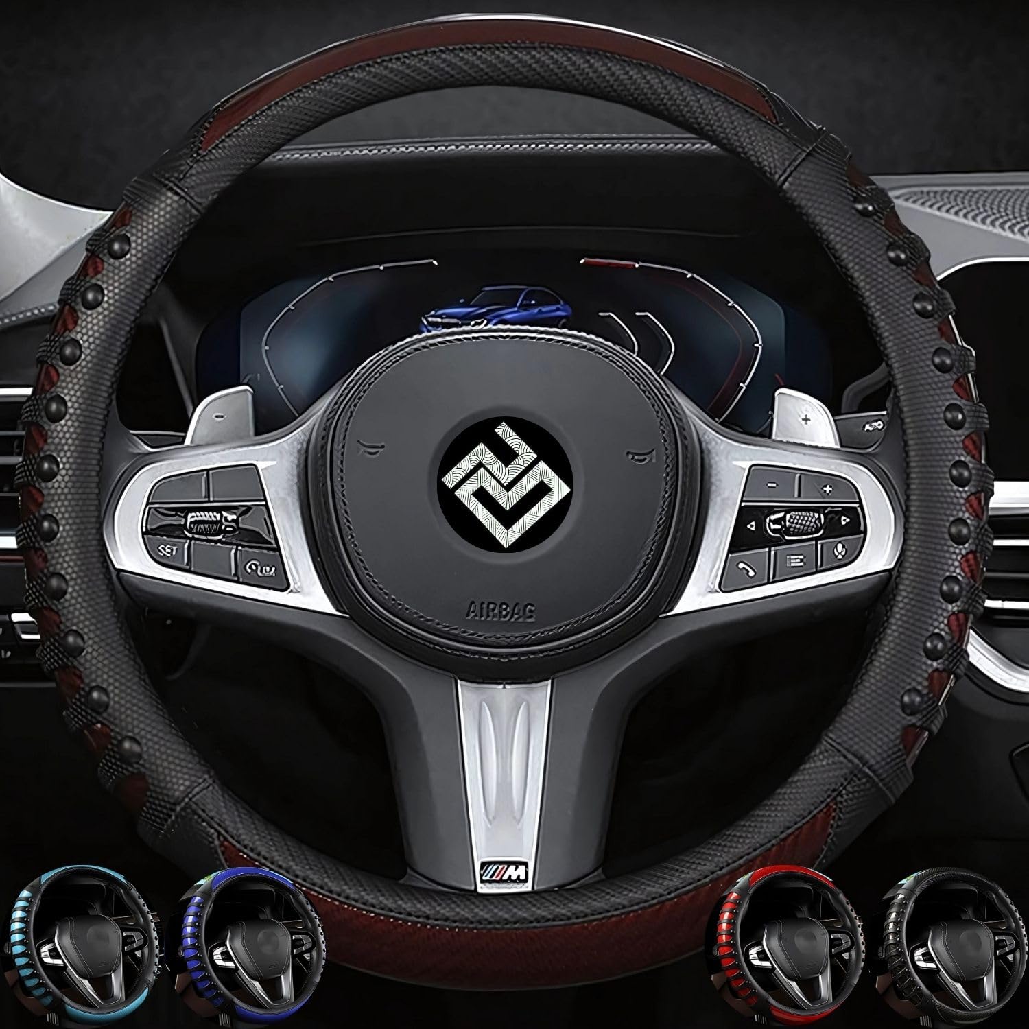 

PRODIGY-ONE Steering Wheel Cover, Carbon Fiber/Leather Look, Non-Slip, Breathable, 38cm (Brown)