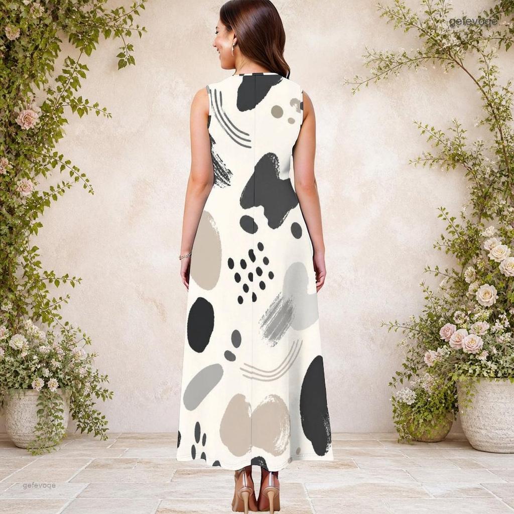 Women Plus Size Keyhole Neck Sleeveless Abstract Printed A Line Maxi Dress