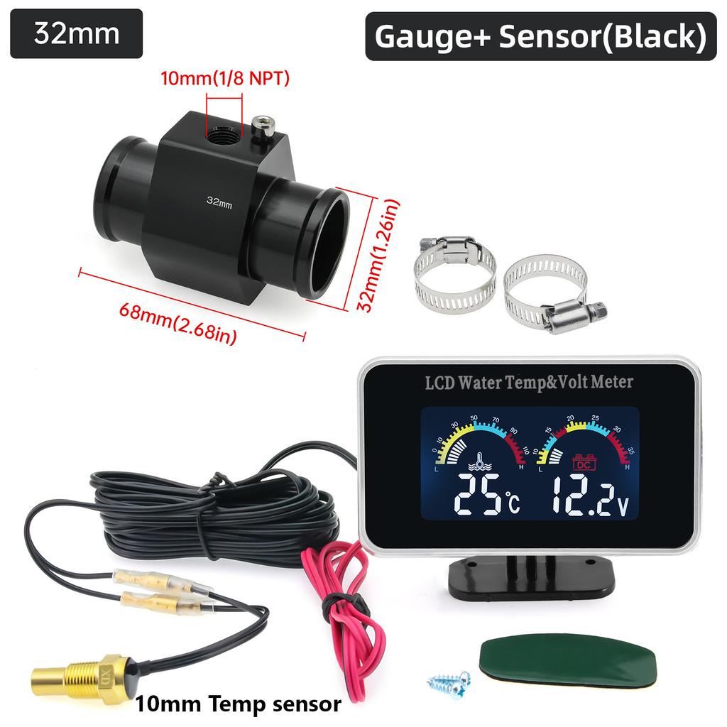 12V/24V Car Digital Water Temperature Gauge Water Temp VOLT Volmeter Joint Sensor Adapter 26-40MM(Optional) For Auto Trucks