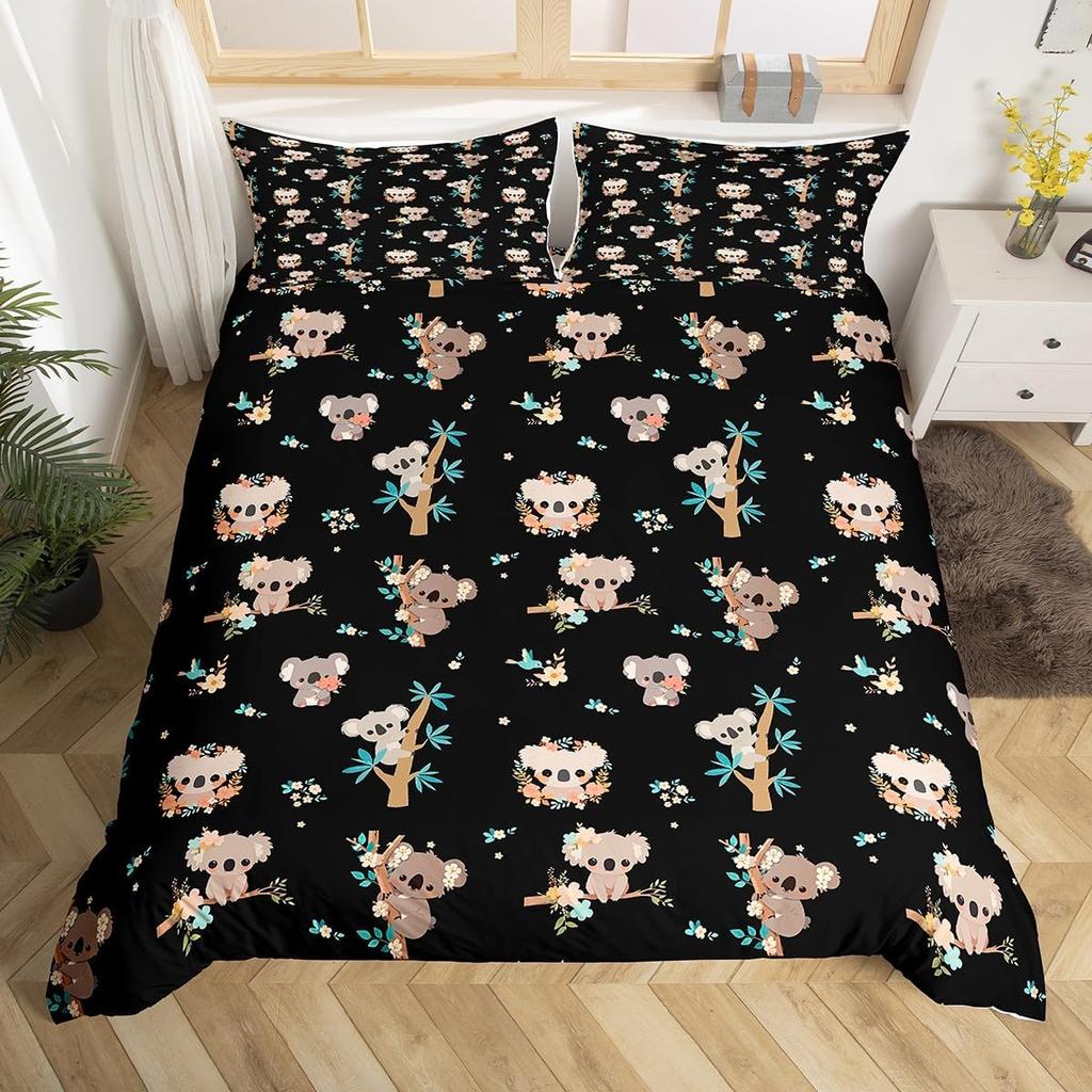 Cartoon Koala Duvet Cover Microfiber Cute Animal Bedding Set Botanical Leaves Comforter Cover For Boys Girls Children Room Decor