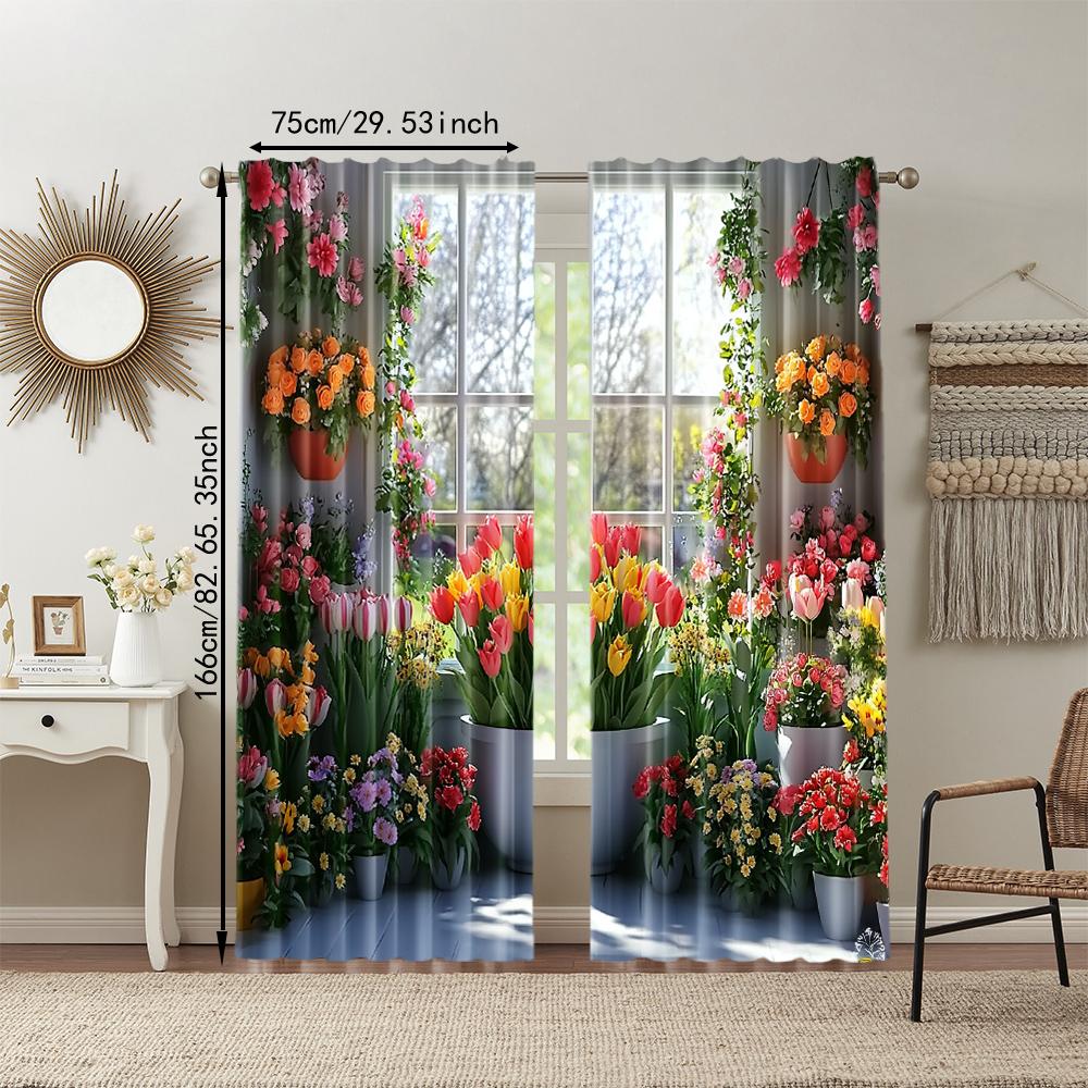 2 Pcs, Versatile Polyester Transparent Curtains For Home Decoration Garden View Floral Arch For Use In Bedrooms And Living Rooms