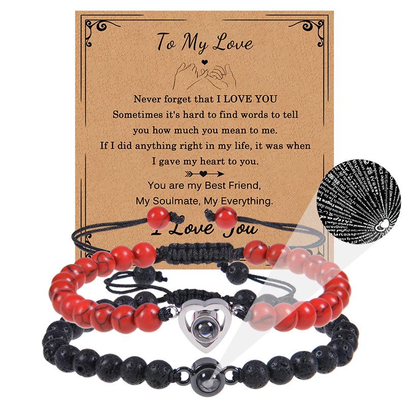 Bracciale con proiezione "Ti amo" in 100 lingue con pietra naturale smerigliata e turchese bianco per coppie