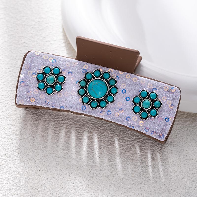 Bohemian Ethnic Style Turquoise Grab Clip Western Style Hairpin Retro Leopard Print Sequined Leather Fashion Disc Hairpin