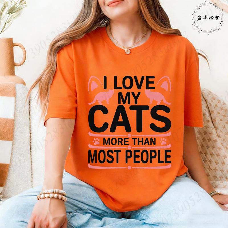 I Love My Cats More Than Most People T-Shirt for Women, Pink Cat Ear & Paw Print Graphic Tee, Harajuku Short Sleeve O Neck Tops