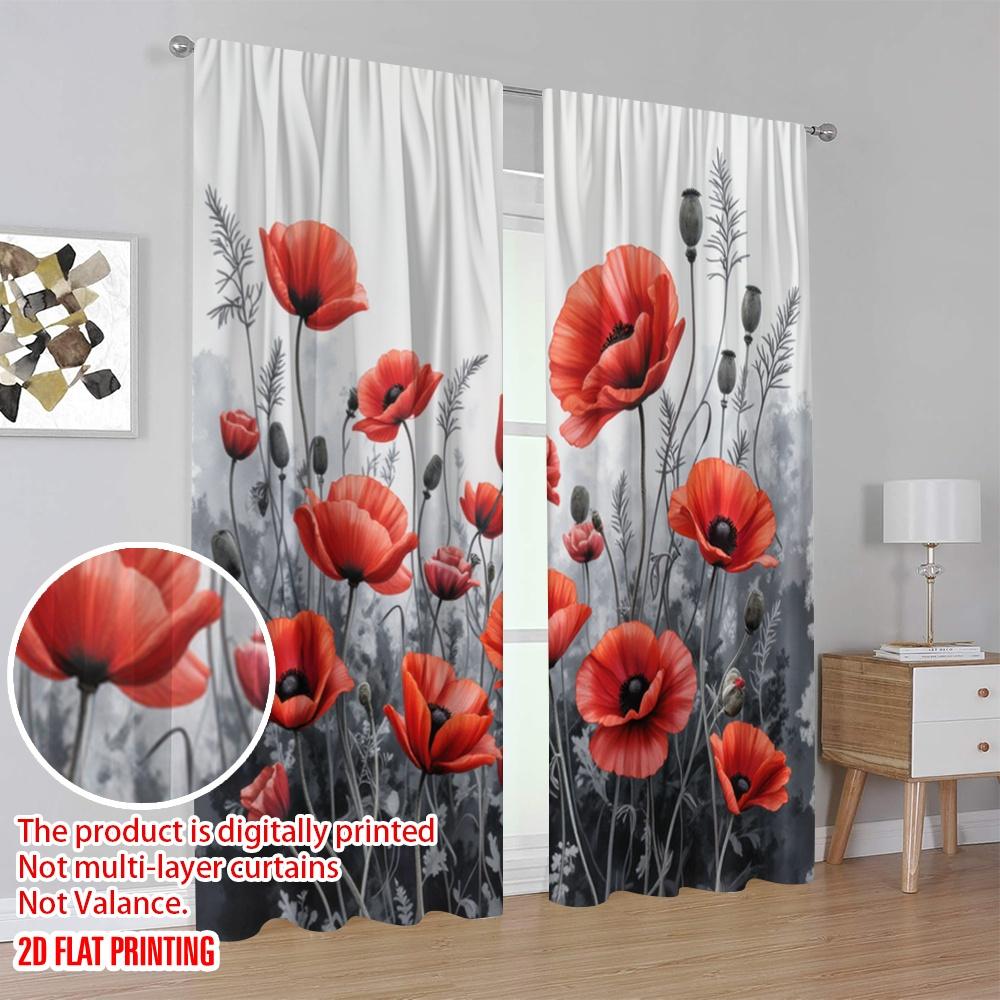2pcs,2D plane printing Popular Curtains Scarlet Blossoms Polyester (without rod) Gifts for Bedroom, Living Room, Office Decor