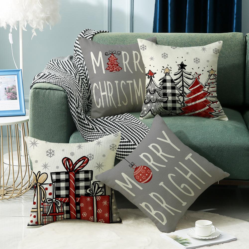 Gray Christmas Tree Christmas Throw Pillow Cover Linen Letter Print Holiday Decoration Living Room Sofa Cushion Cover Pillow