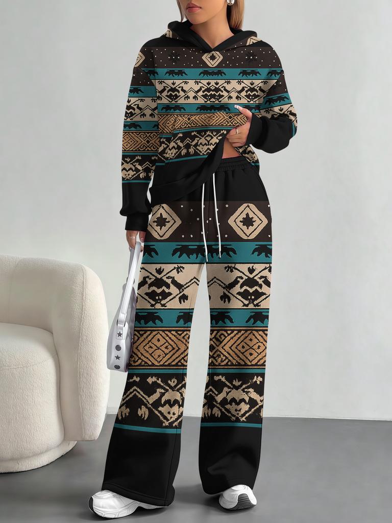 European And American Autumn And Winter Casual Long-Sleeved Suit Women'S Bohemian Hooded Sweater Trousers Two-Piece Set