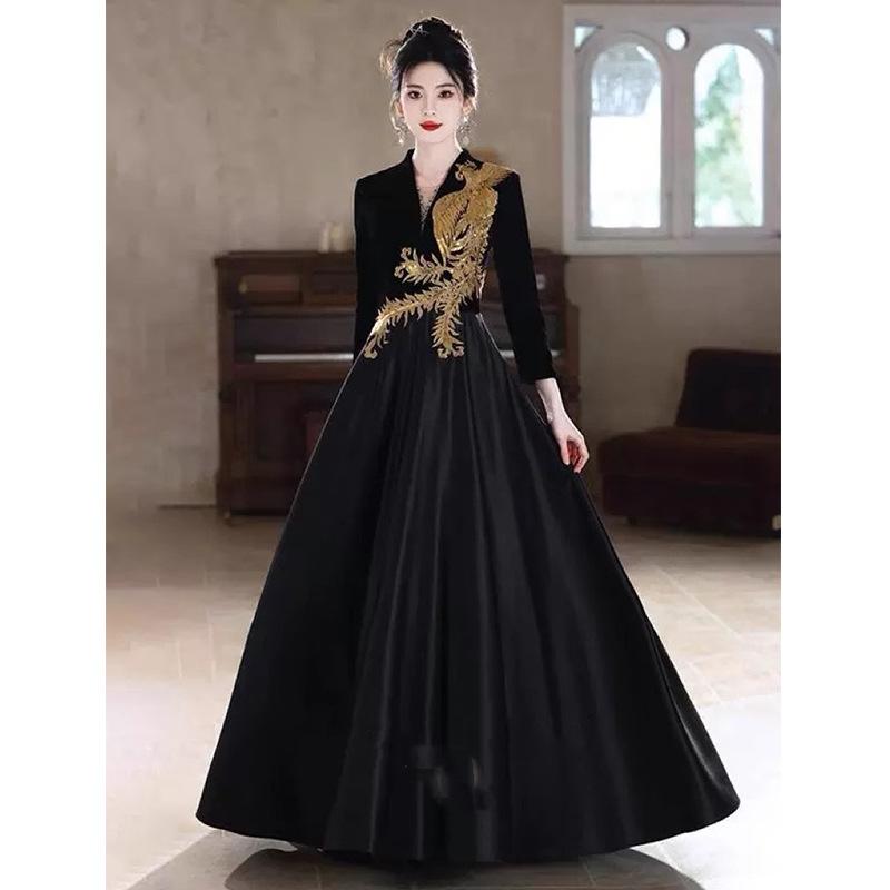 Evening dress female high-end sense black long-sleeved high-end atmosphere annual meeting host vocal art test choir performance suit