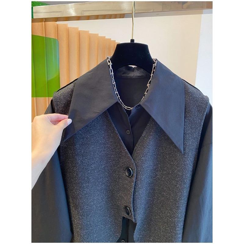 Set Elegant Negru Cămașă Vestă Două Piese Femei Toamnă Calitate Înaltă Modă Europeană Acoperire