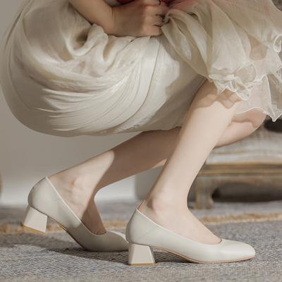 Soft Leather Thick Heel Single Shoes Women's Summer and Autumn Square Head Medium Heel Professional High Heels Soft Sole Interview Job Shoes