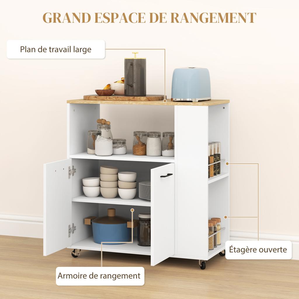 Kitchen Trolley on Wheels, Worktop, Adjustable Shelf, 75 x 40 x 80.5 cm, White