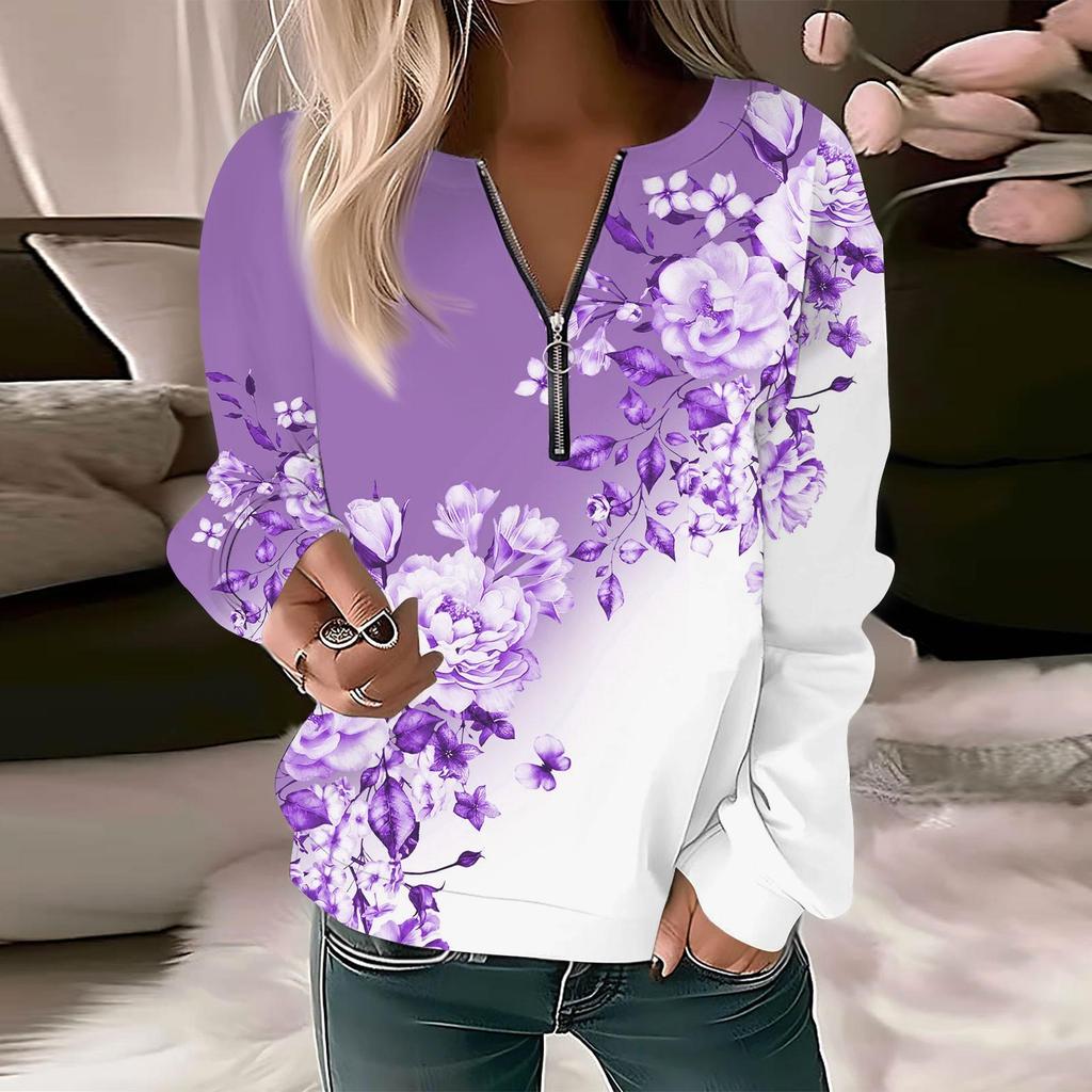 Women Sweatshirt Pullover Basic Quarter Zipper Long Sleeve Print Flowers Hoodie Casual Top
