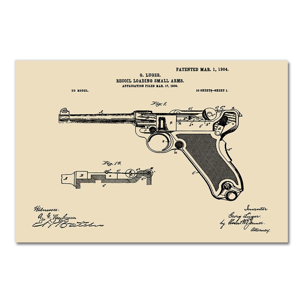 Gun Blueprint Luger Pistol Patent Chart Canvas Painting Posters And Prints Wall Pictures For Living Room Decoration Home Decor