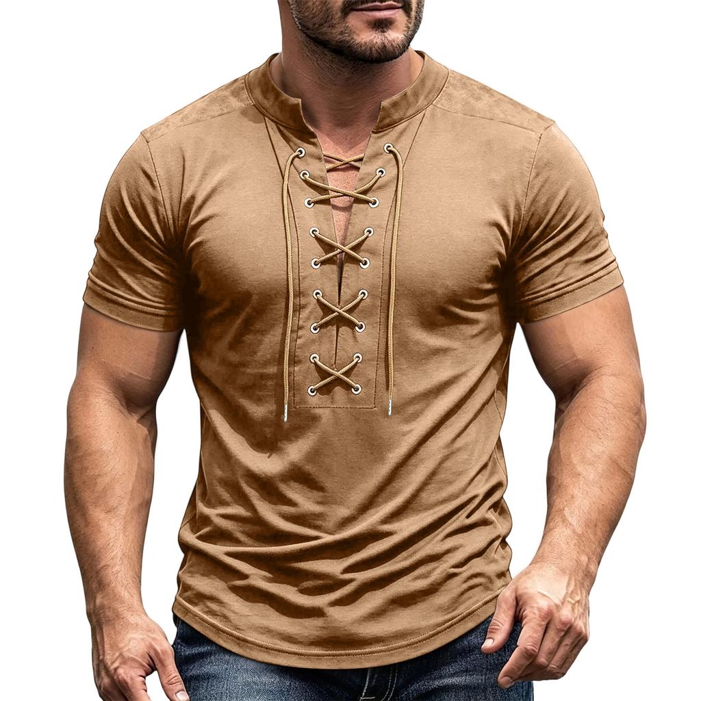 Camisa Casual Retro de Manga Corta con Cuello en V y Cordones para Hombre