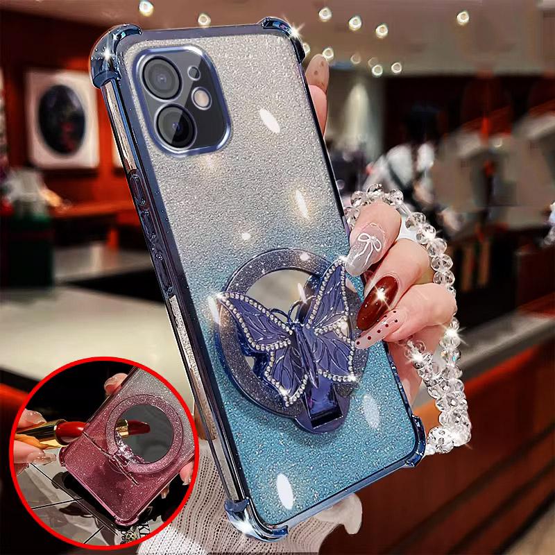 Mirror Butterfly Folding Stand Bracelet Phone Case For Samsung A56 A36 A26 A16 A06 S25 FE S24 Ultra S23 FE Plus Shockproof Cover