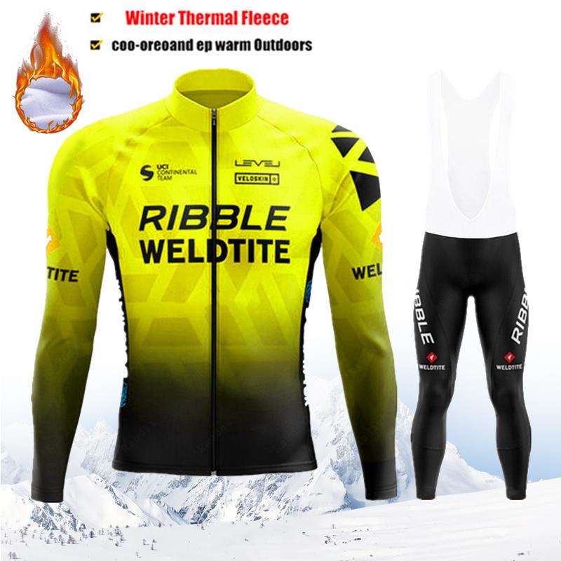 2025 Pro Team Winter Cycling Jerseys Set Yellow Long Sleeve Thermal Fleece Bicycle Clothing Keep Warm Bike Wear Suit Sportswear