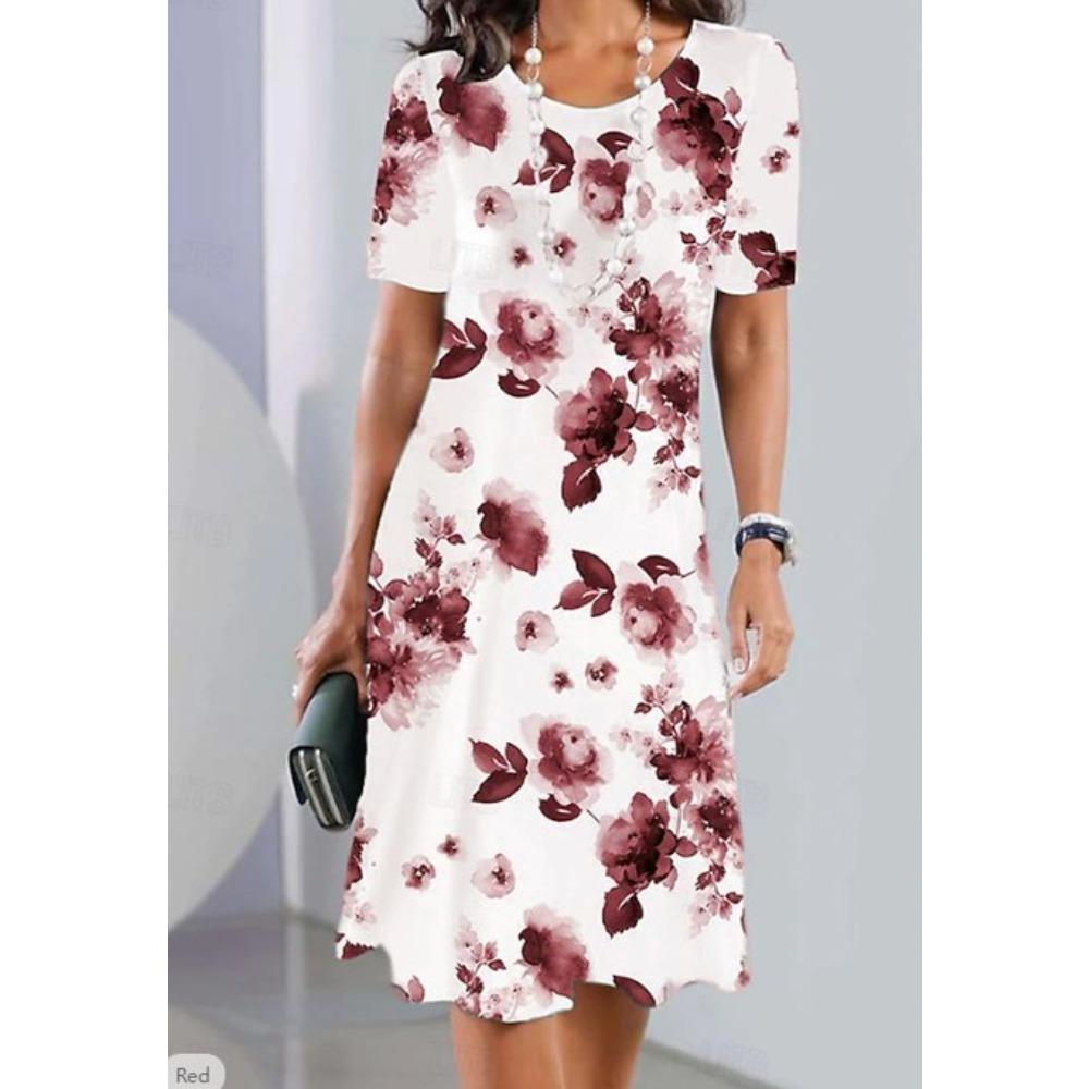 Women's Fashion Graceful Beautiful Flowers Print Summer Spring Short Sleeve O-Neck Casual Dresses
