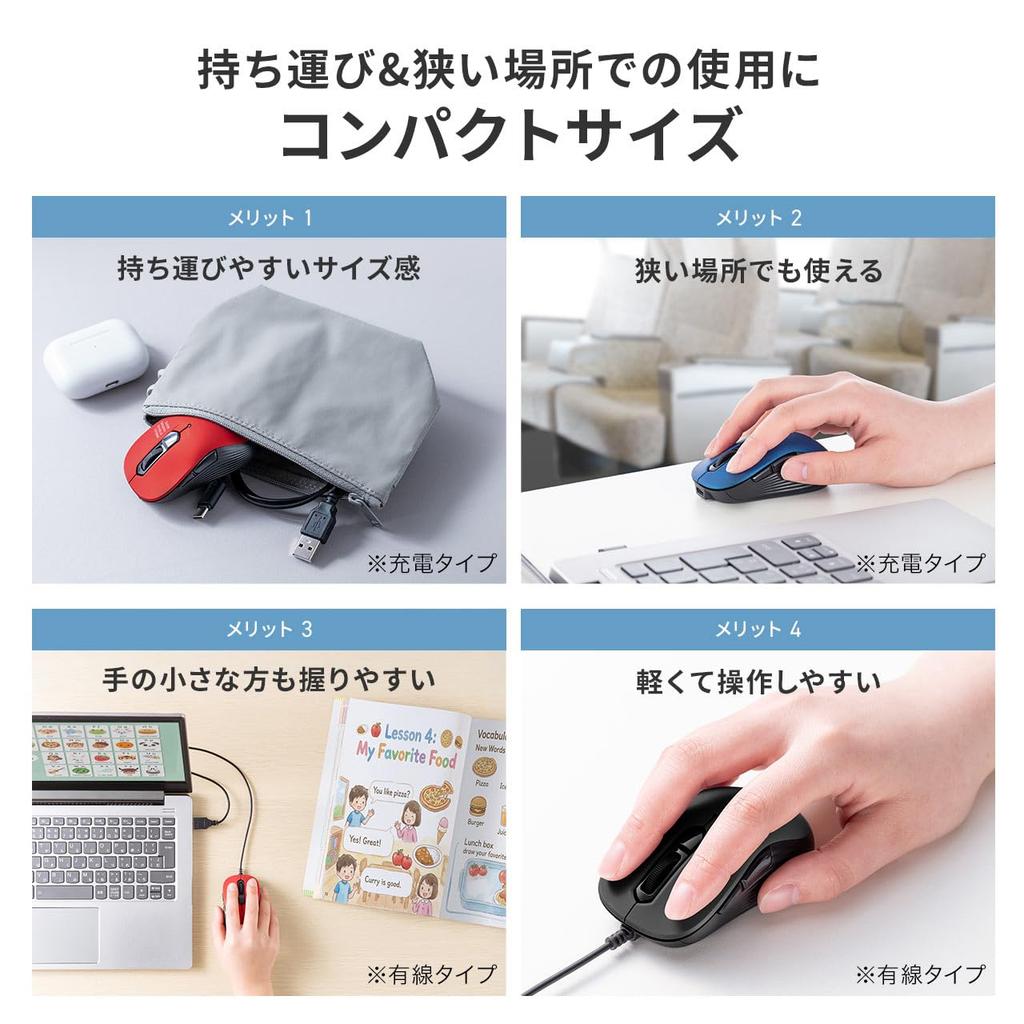 Sanwa Direct Wireless Bluetooth 5 Black Mouse, Compact, Buttons, Silent, Rechargeable, Ambidextrous, (400-MABS225BK)
