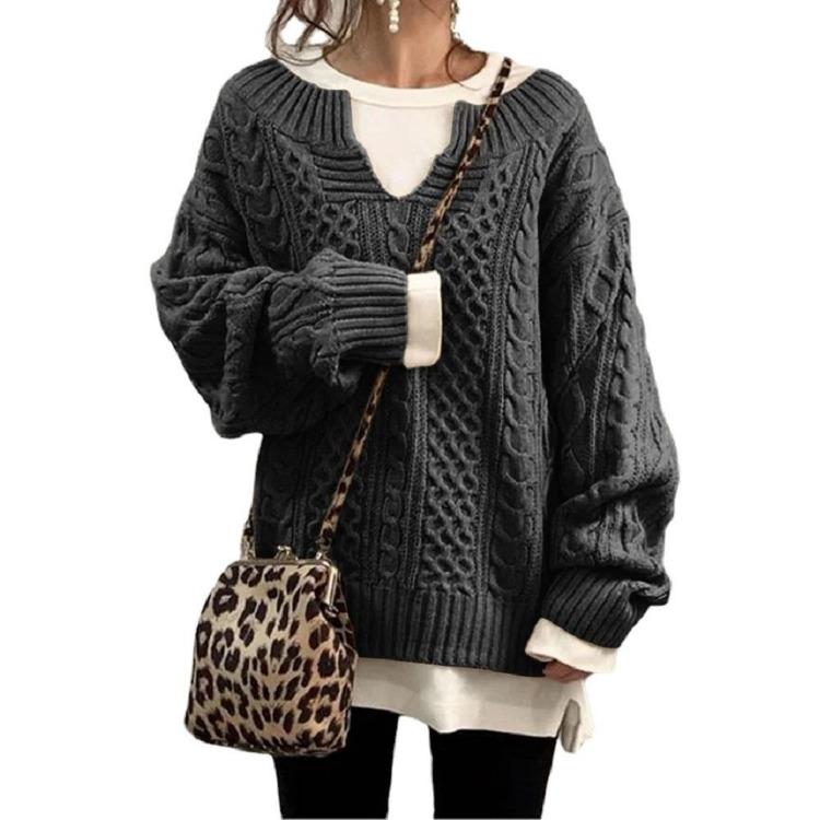 

Женские повседневные свободные трикотажные свитера с V-образным вырезом, пуловеры с длинным рукавом для дам, осень-зима XXXL темно-серого