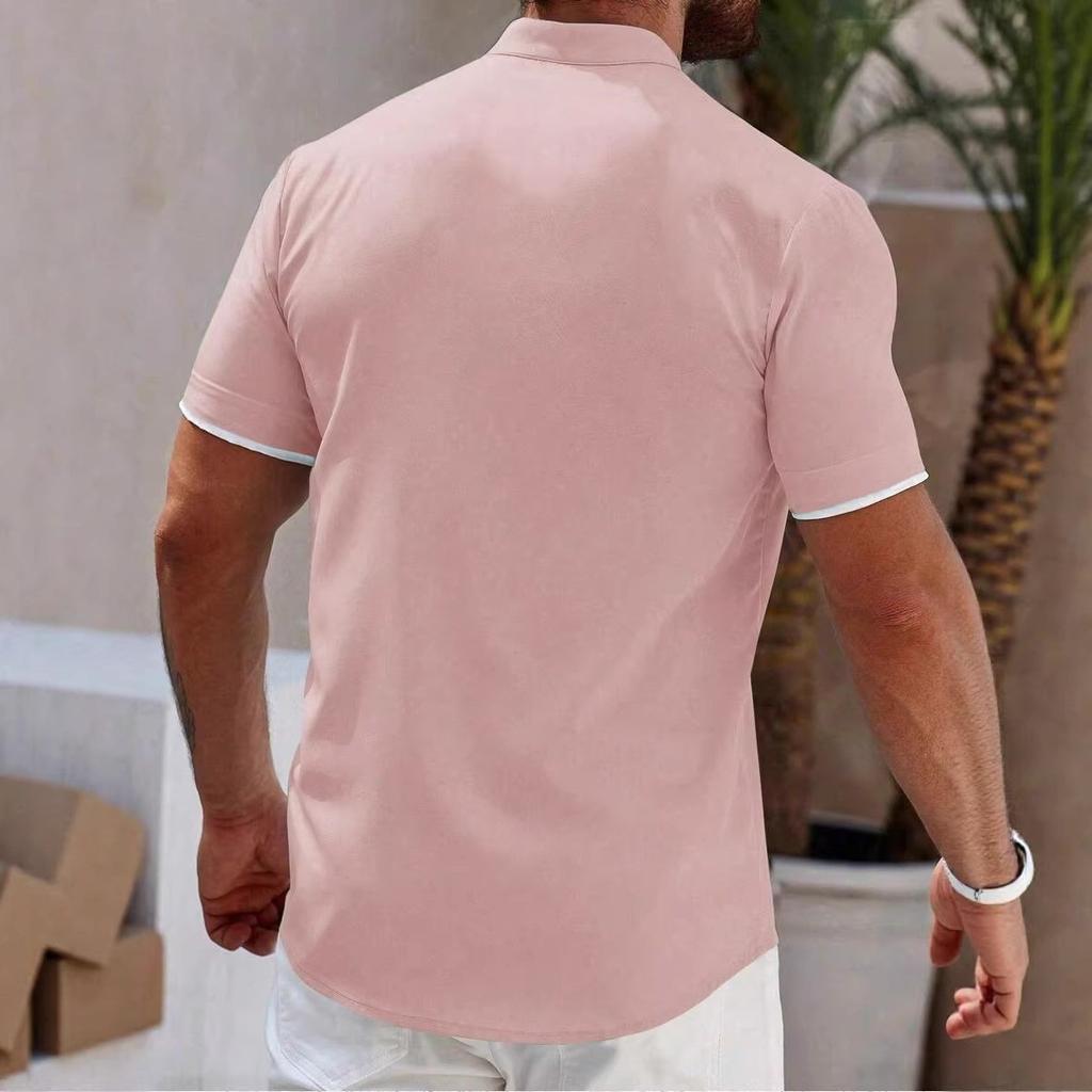 Men Clothes Summer New Stand Collar Short Sleeve Spell Color 100% Polyester Casual Shirt Tops