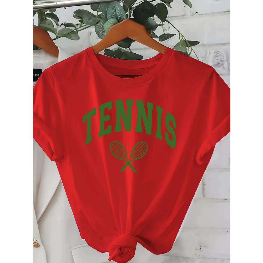 

Neck Top Polyester Knit Fabric Regular Length All Seasons Women S Casual Tennis Letter Print T-Shirt Short Sleeve S