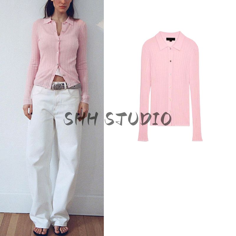 Spring New Women's Clothing Wool Blend Ribbed Polo Shirt Collar Long Sleeves Knitting Cardigan Outwear 2142048