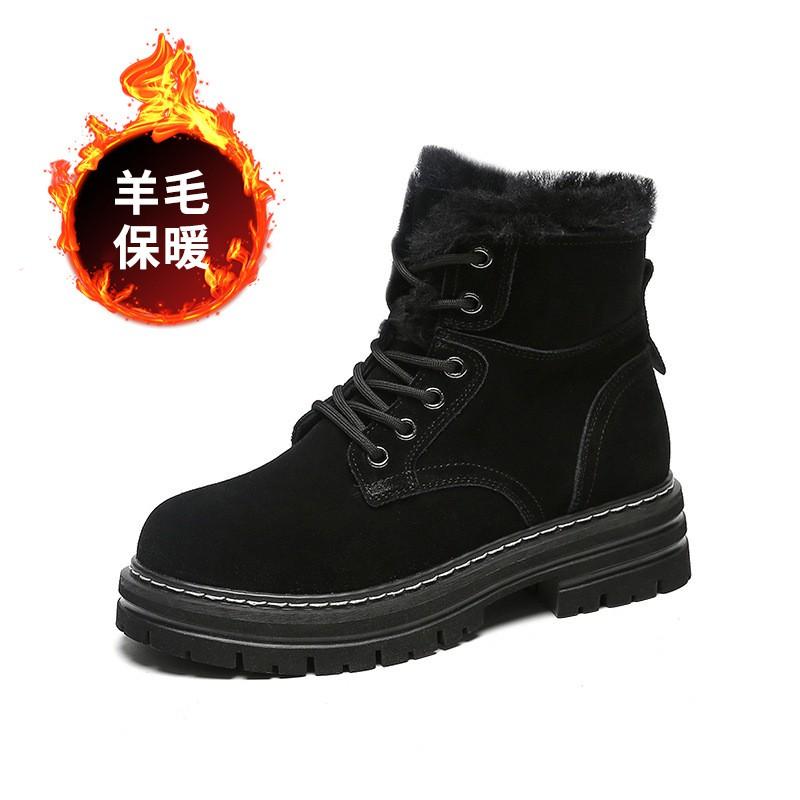 Womens Winter Warm Faux Suede Martin Boots With Fleece Lining Chunky Sole Round Toe Lace-Up Mid-Calf