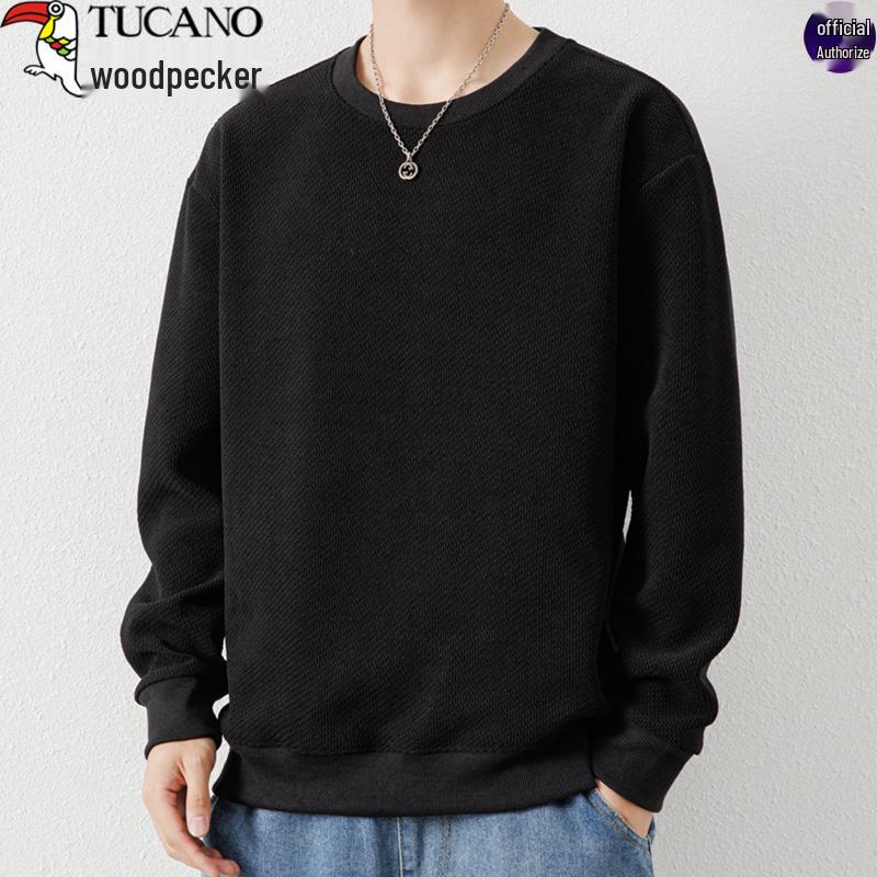 Woodpecker Men's Waffle Knit Long Sleeve T-Shirt - Round Neck, Thick Cotton, Versatile Casual Base Layer for Spring and Autumn