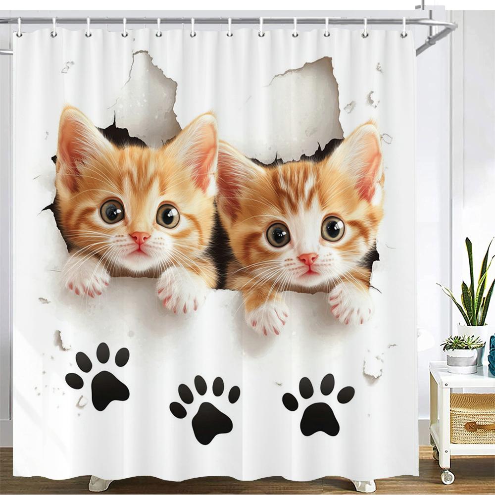 Creative And Interesting Cat Shower Curtain Printed Fabric Cartoon Lovely Cat Bathroom Curtain Bathtub Home Decoration Curtain