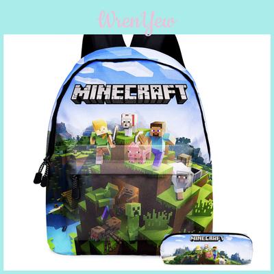 Minecraft-themed Printed Backpack With Pencil Bag For Boys' Travel
