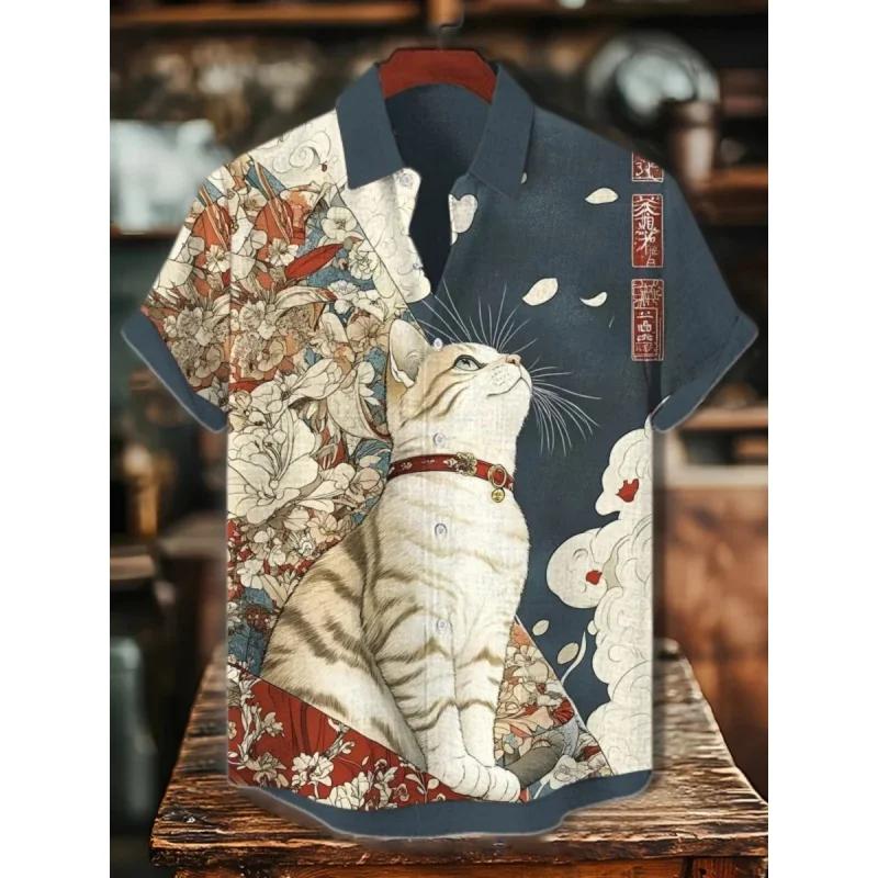 3D Printed Fun Cat Fish Hawaiian Shirt for Men Cute Animals Pattern Aloha Shirts Summer Short Sleeve Tops Street