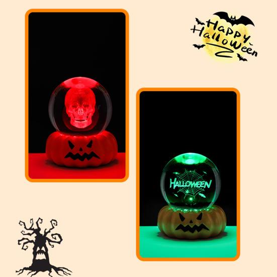 Halloween Crystal Ball Night Light for Kids 3D Pumpkin Crystal Ball LED Night Light with Resin Base Halloween Pumpkin Globes Lamp for Indoor
