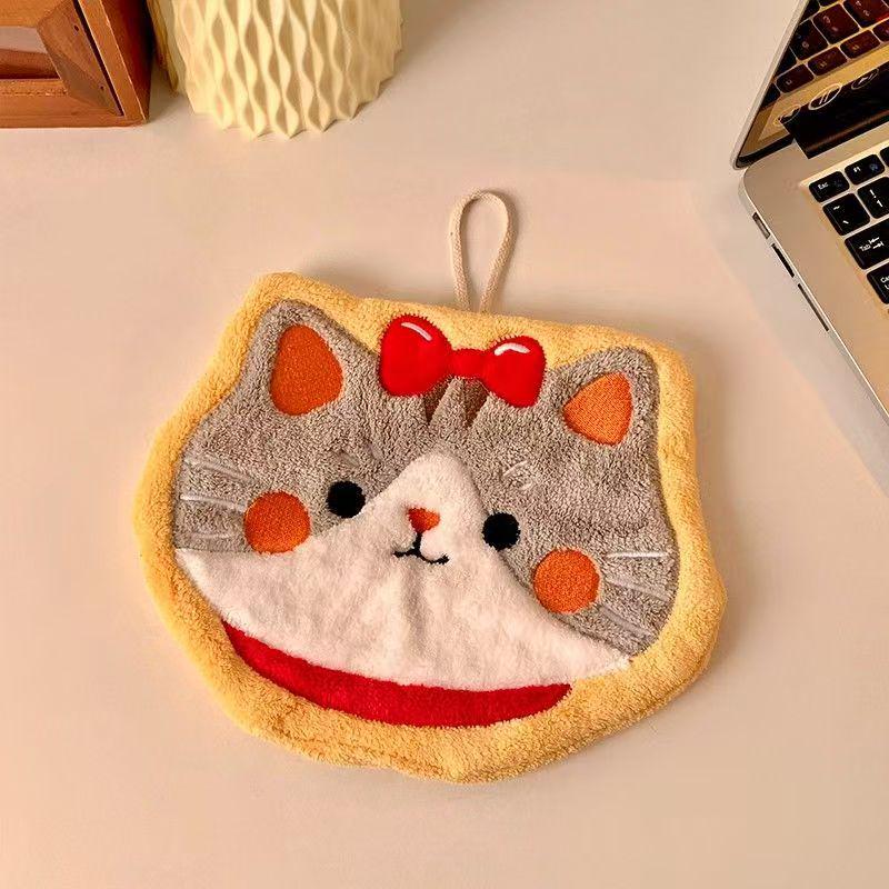 Cute Round Cartoon Cat Hand Towel - Quick-Drying, Absorbent for Kitchen, Bedroom, Office, and Wall Hanging.