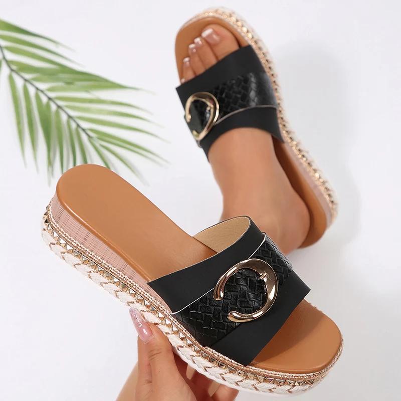 Metal Buckle Slip On Sandals Women Plus Size 43 Fashion Rivet Wedge Slides Women Metal Decor Platform Slippers Summer Sandalias