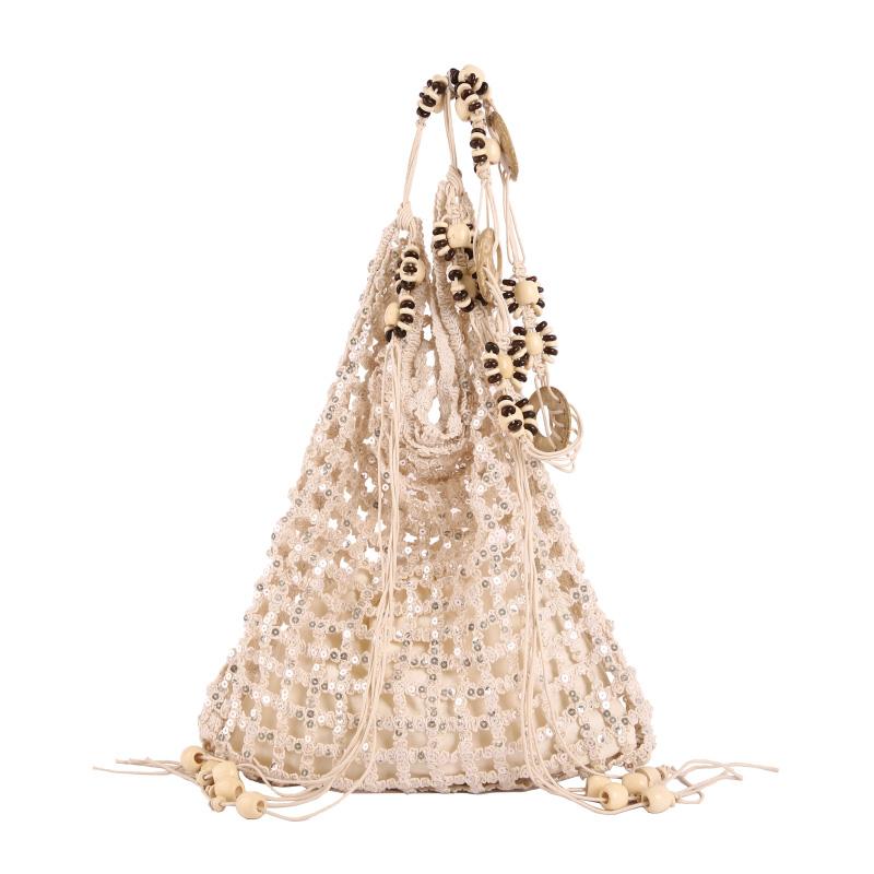 

Fashion Sparkling Sequins Hollow Out Knitting Shoulder & Crossbody Bag for Women Exquisite Large Capacity Beads Tassel Tote Bags бежевый