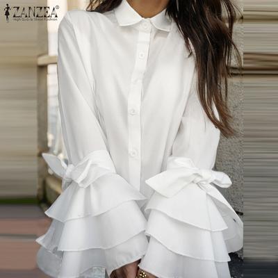 Women Vintage Shirt Collar Trumpet Long Sleeve Tie Ruffle Shirts
