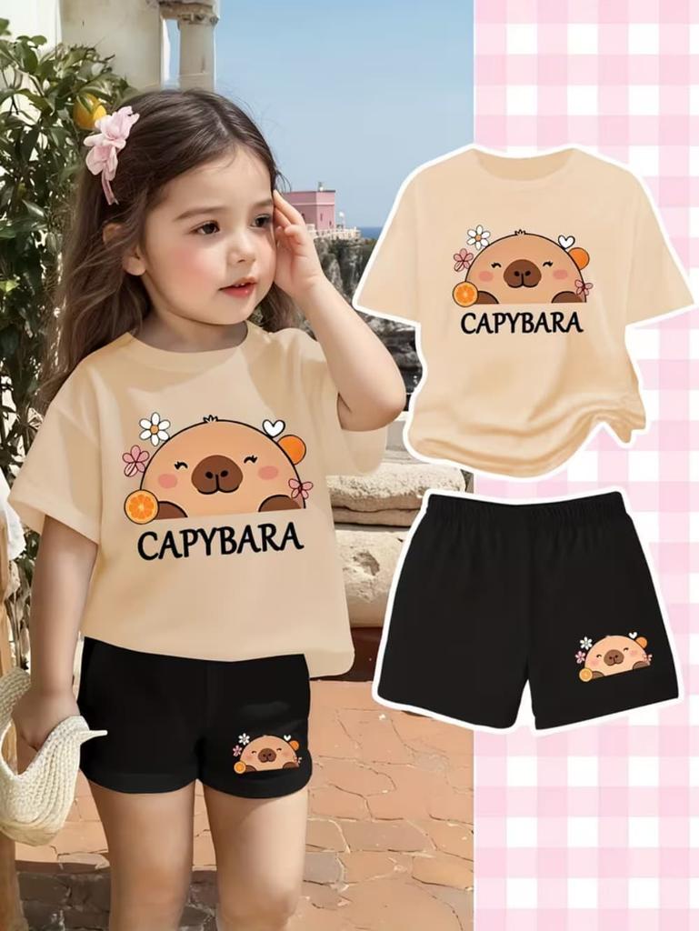 Cartoon Capybara Funny Print Boy Girls Short Sleeved T-Shirt Casual Shorts Children's Set Summer Casual Suit 2 Piece Tracksuits
