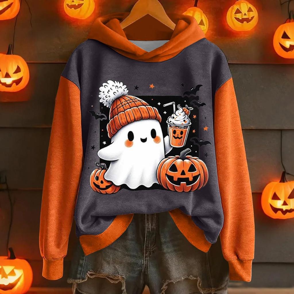 Ladies' Casual And Fashionable Halloween Printed Long Sleeved Hooded Warm Shirt Loose And Comfortable Hoodie