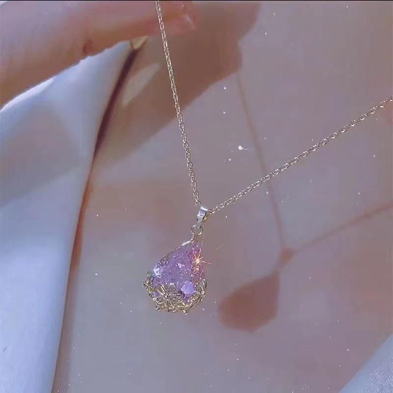 Pink Crystal Water Drop Necklace - Women s Trendy Niche Design