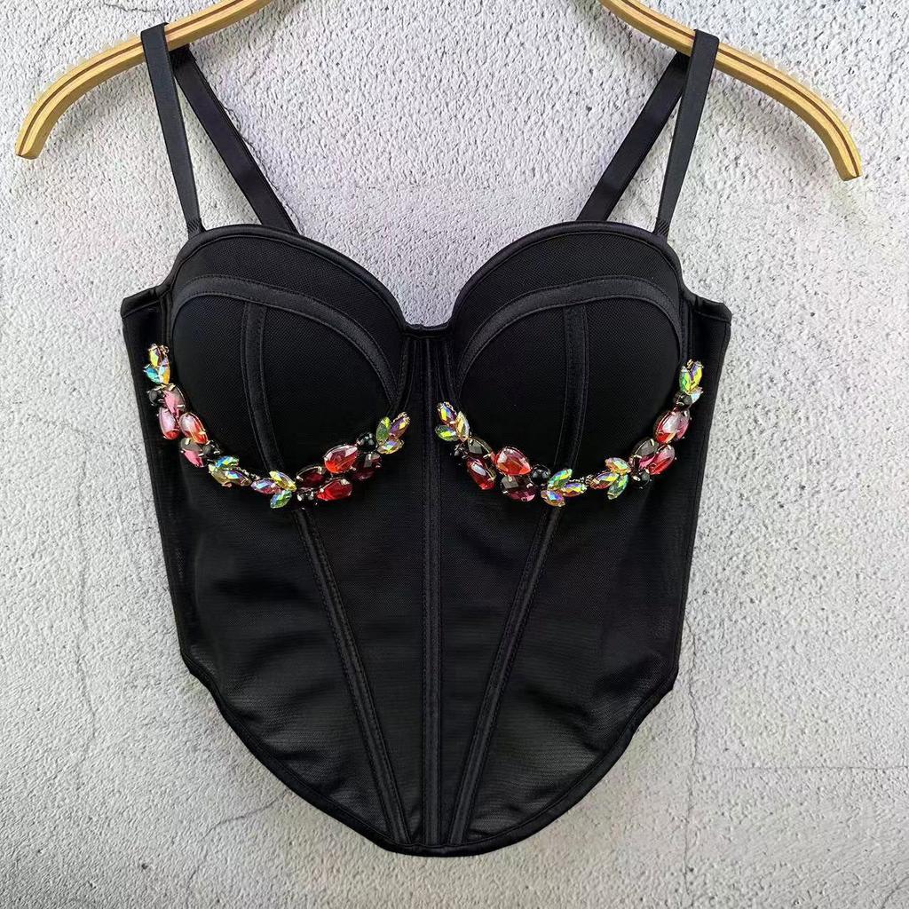 French Fishbone Chest with Diamond-studded Chain Lingerie-style Tank Top for Women Innerwear Outerwear Mesh Waistband Strapless Tank Top Tank Tops