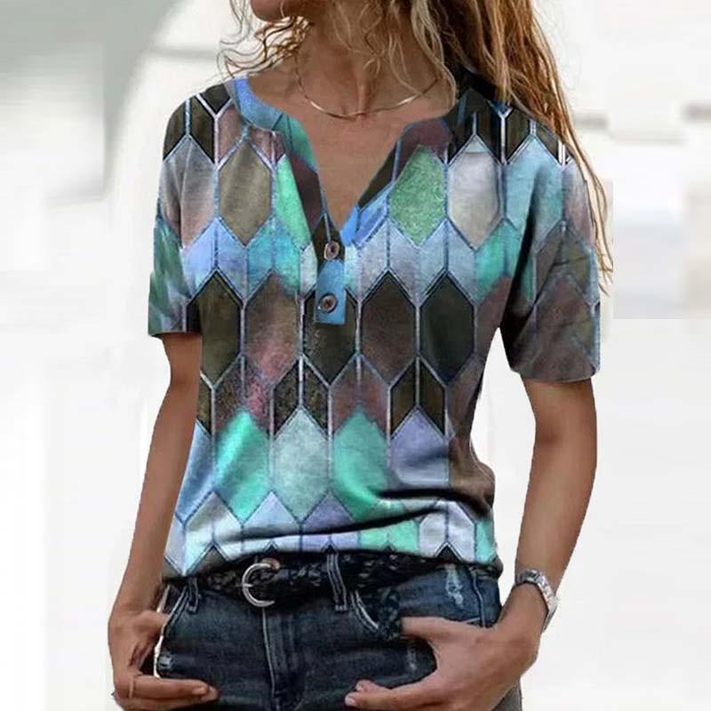 Fashion Women's Summer Printed Short Sleeve V- Neck Collar T-Shirt Tops