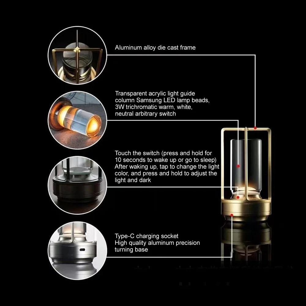 LED Table Lamp Aluminum Crystal Restaurant Bar Desk Lamp Dimming Atmosphere 5200mAh USB Charging Touch Switch Bedroom Decoration